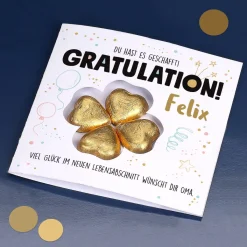Gratulation, du hast es geschafft! - Glückwunschkarte mit Lindt Schokoladen-Kleeblatt