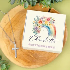 Gravierte Halskette mit Kreuz in Geschenkbox zu Kommunion, Konfirmation, Taufe