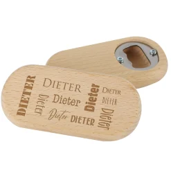 Gravierter Flaschenöffner aus Holz mit Ihren Wunschnamen in verschiedenen Schriftarten