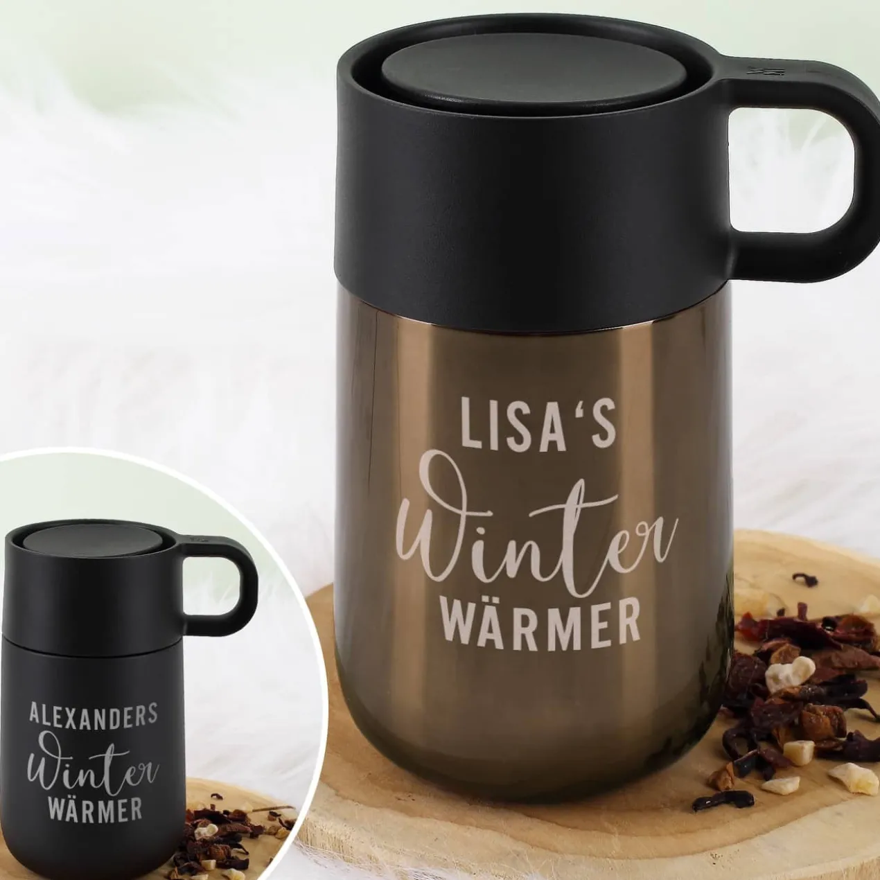 Gravierter WMF Thermobecher in zwei Farben - Winter Wärmer - mit Name