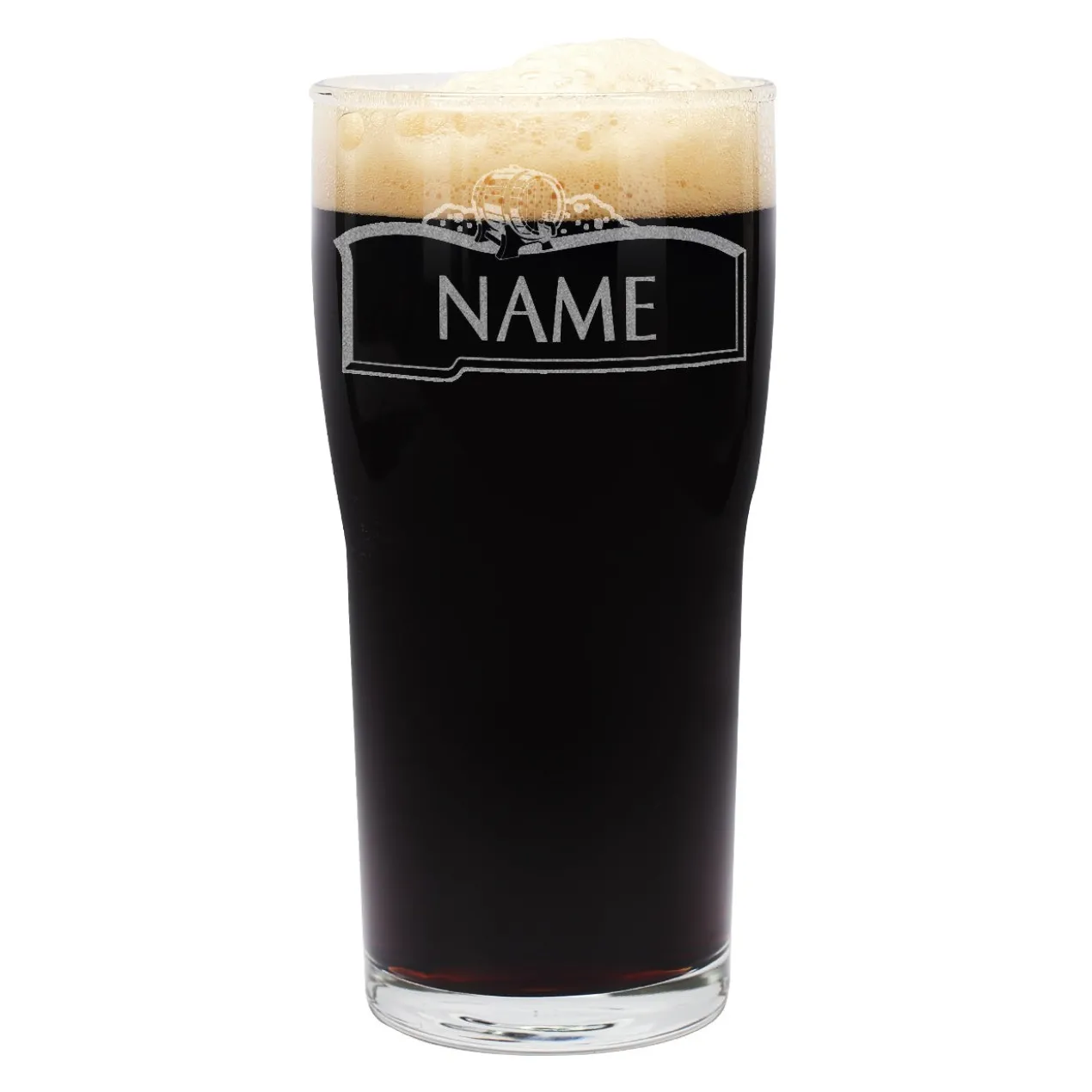 Graviertes Bierglas Pint mit Name auf einem Schild