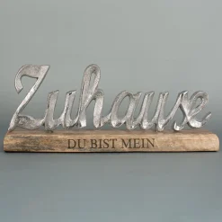 Gravierte Skulptur "Zuhause" mit Wunschtext - Dekoration aus Aluminium mit Holzsockel