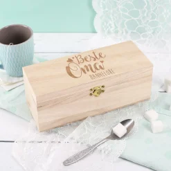 Gravierte Teebox aus Holz für die beste Oma mit Wunschname personalisiert | 3 Fächer