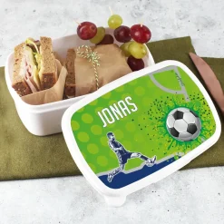 Gravierte Trinkflasche im Set mit bedruckter Fußball-Brotdose für Kinder