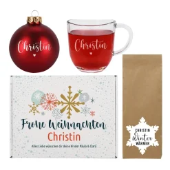 Gravierte Weihnachtskugel, Teeglas und Früchtetee als Geschenkset zu Weihnachten mit Box