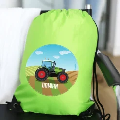 Grüner Sportbeutel mit Traktor und Name
