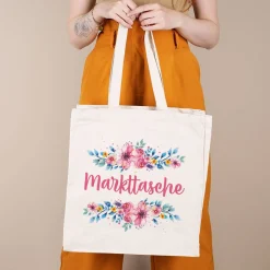 Große Baumwolltasche mit Blumenaufdruck und Ihrem Wunschtext