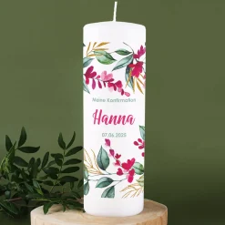 Große Kerze mit Blumenmotiv zur Taufe, Kommunion oder Konfirmation