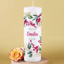 Große Kerze mit Blumenmotiv zur Taufe, Kommunion oder Konfirmation