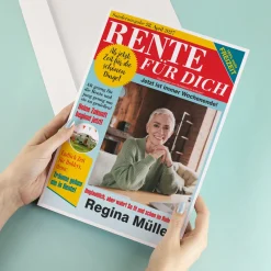 Große Klappkarte A4 zur Rente im Boulevard-Zeitungsdesign mit Foto & Wunschtext