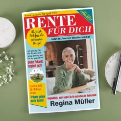 Große Klappkarte A4 zur Rente im Boulevard-Zeitungsdesign mit Foto & Wunschtext