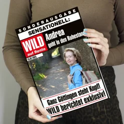 Große Klappkarte zur Rente im Zeitungsdesign mit Foto