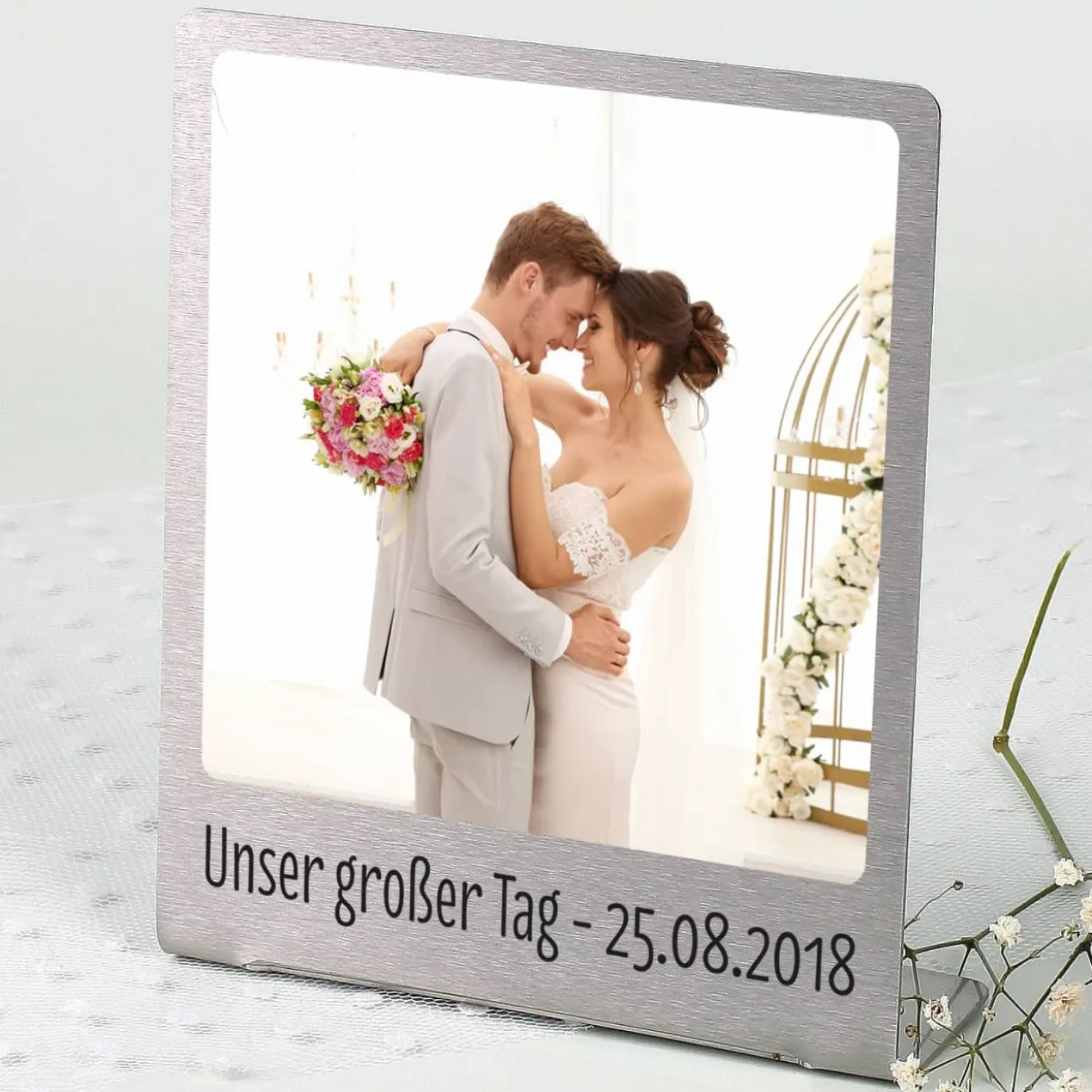 Großer Edelstahl Fotorahmen mit Ihrem Lieblingsfoto und Wunschtext bedruckt
