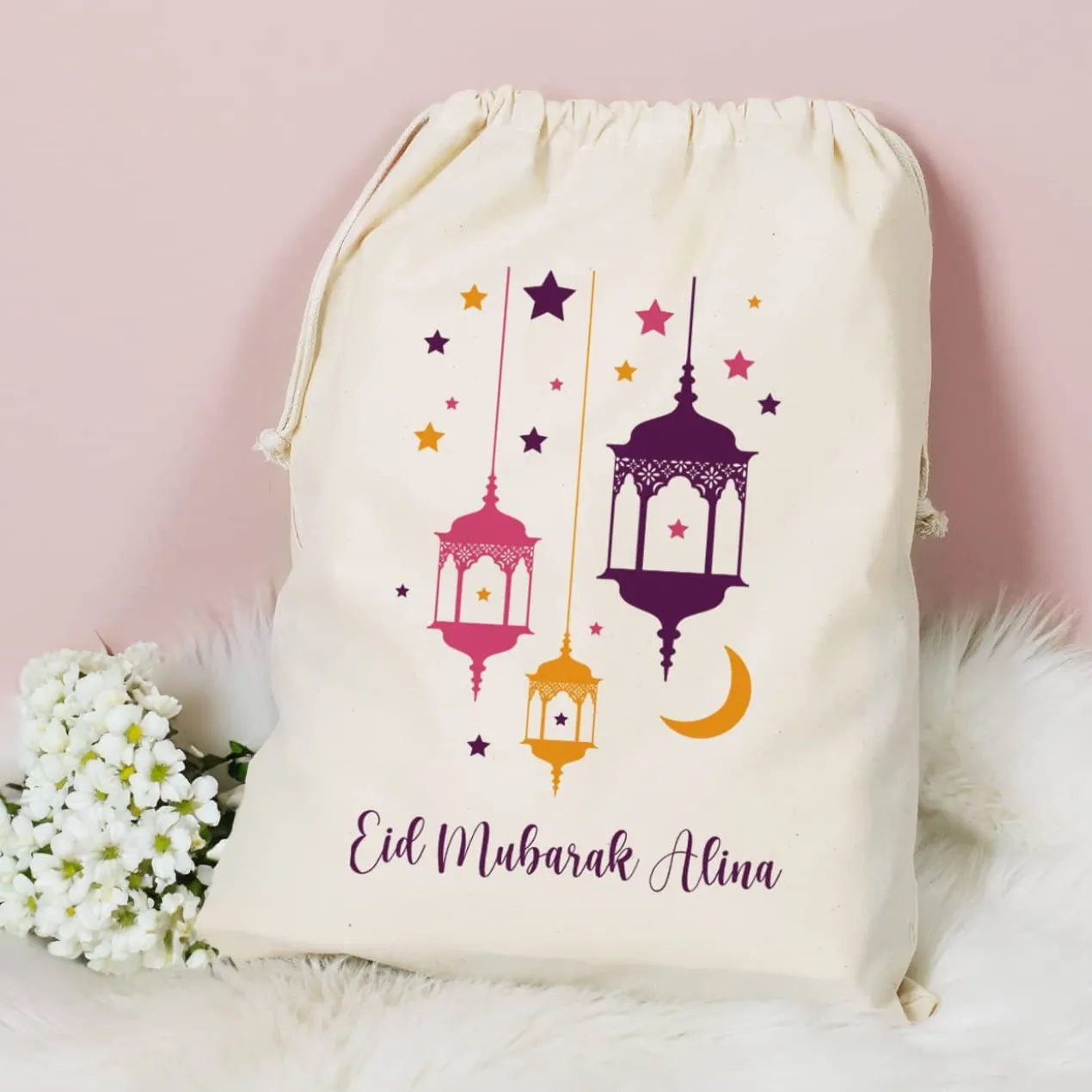 Großer Eid Geschenksack mit Laternen und Text, 2 Farben auswählbar, 40x50 cm