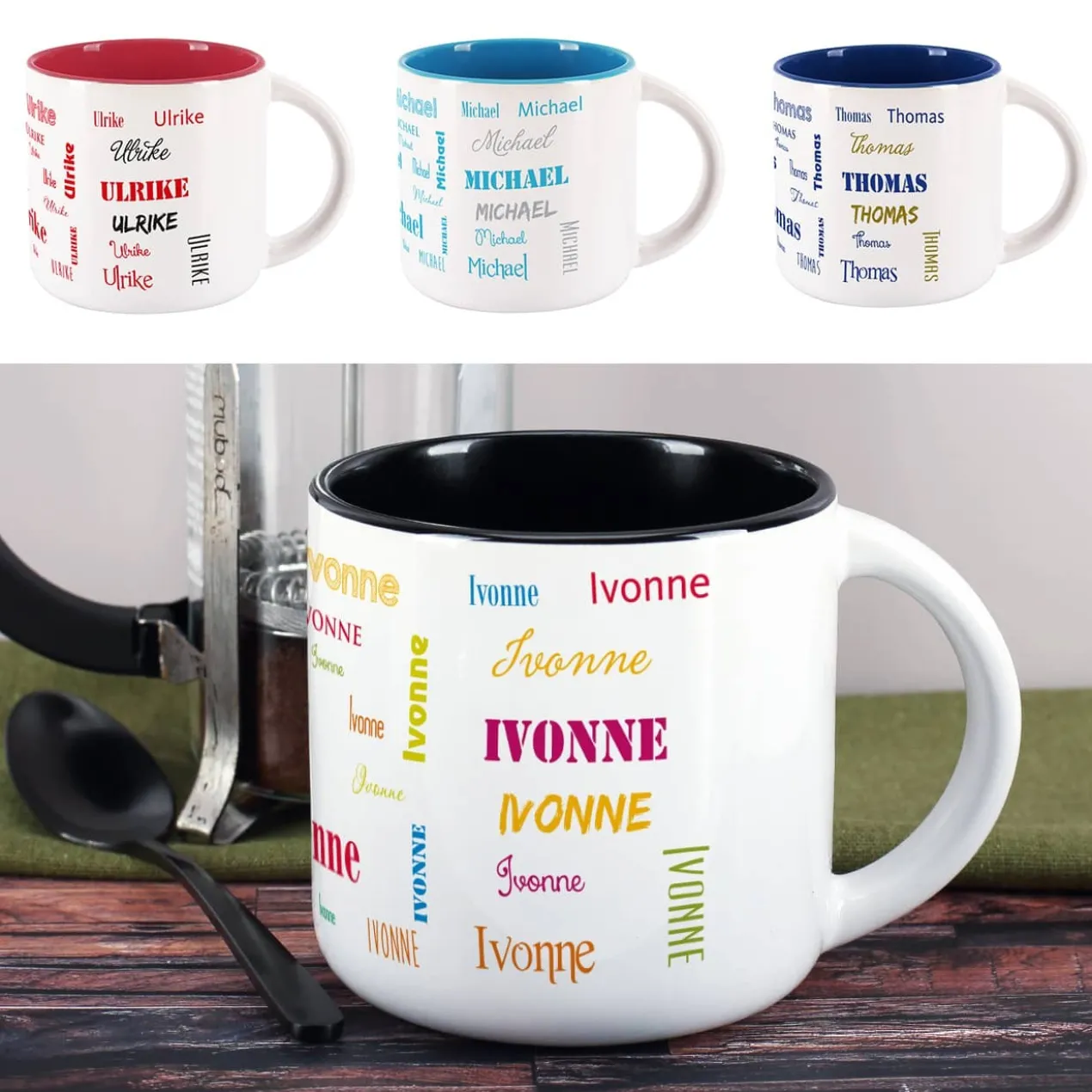 Großer Kaffeepott mit Ihrem Namen in verschiedenen Schriftarten