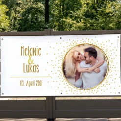 Großes Fotobanner zur Hochzeit mit goldenem Motiv