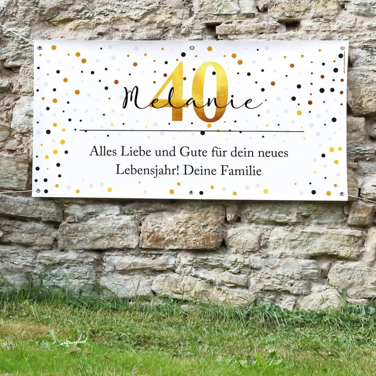 Großes Geburtstagsbanner mit schwarz-goldenem Motiv und Ihrem Wunschtext