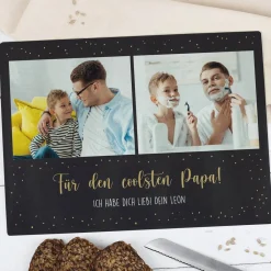 Großes Glasschneidebrett mit Fotos und zwei Zeilen Text
