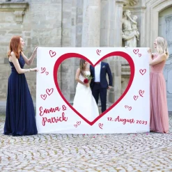 Großes Stoffbanner zum Ausschneiden zur Hochzeit - mit Ihrem Foto, Namen und Datum bedruckt