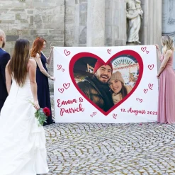Großes Stoffbanner zum Ausschneiden zur Hochzeit - mit Ihrem Foto, Namen und Datum bedruckt
