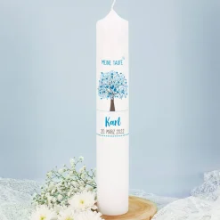 Große Taufkerze mit Lebensbaum in blau, Name, Datum und Taufspruch, 38x6cm