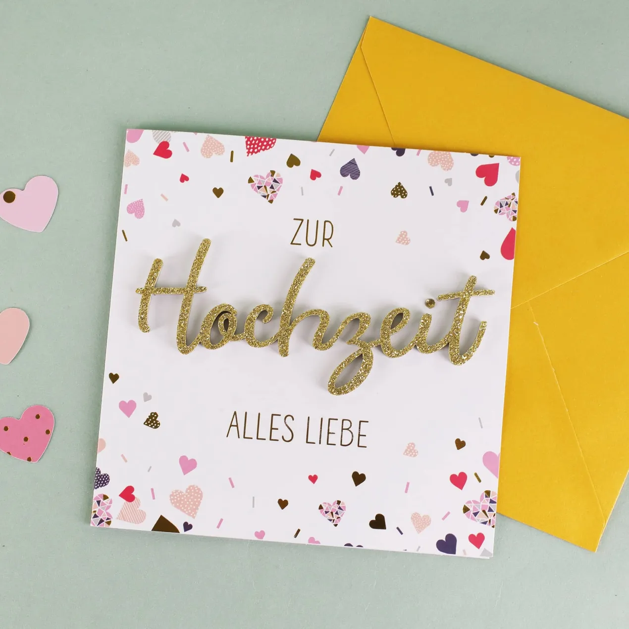 Grußkarte zur Hochzeit mit goldenem 3D Schriftzug