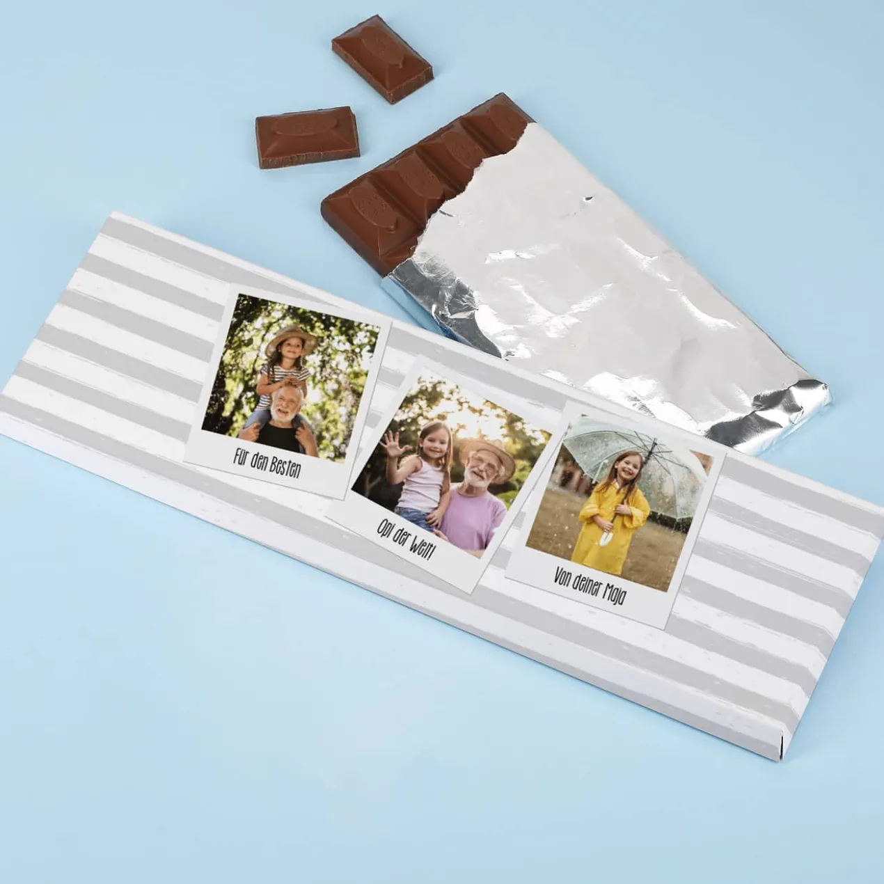 300g Schokolade mit Ihren 3 Lieblingsfotos und Wunschtexten