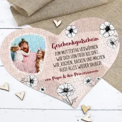 Gutschein-Puzzle in Herzform mit Blumen, Foto & Ihrem Wunschtext, 114 Teile