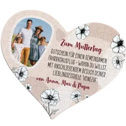 Gutschein-Puzzle in Herzform mit Blumen, Foto & Ihrem Wunschtext, 114 Teile