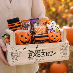 Halloween Boo Basket personalisiert | Geschenkkorb aus Holz zum selbst befüllen