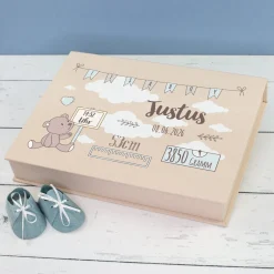 Handgearbeitete Erinnerungsbox als personalisiertes Geschenk zur Geburt für Jungen | Fotobox als Buch