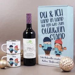 Hand in Hand zum Glühweinstand - Geschenkset zu Weihnachten mit Glühwein, Tassen und Box