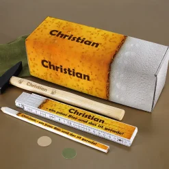 Handwerker Geschenkset für Männer mit Biermotiv - Box, Zollstock, Bleistift und Hammer