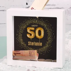 Happy 50 - Bilderrahmen Spardose zum Geburtstag mit Name, 15x15cm