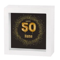 Happy 50 - Bilderrahmen Spardose zum Geburtstag mit Name, 15x15cm