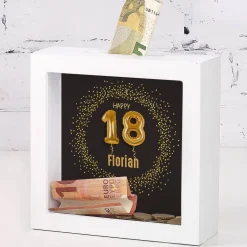 Happy 18 - Bilderrahmen-Spardose zum Geburtstag mit Name, 15x15cm