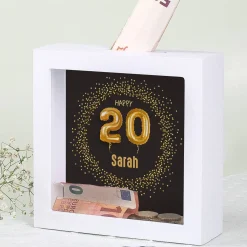 Happy 20 - Bilderrahmen-Spardose zum Geburtstag mit Name, 15x15cm