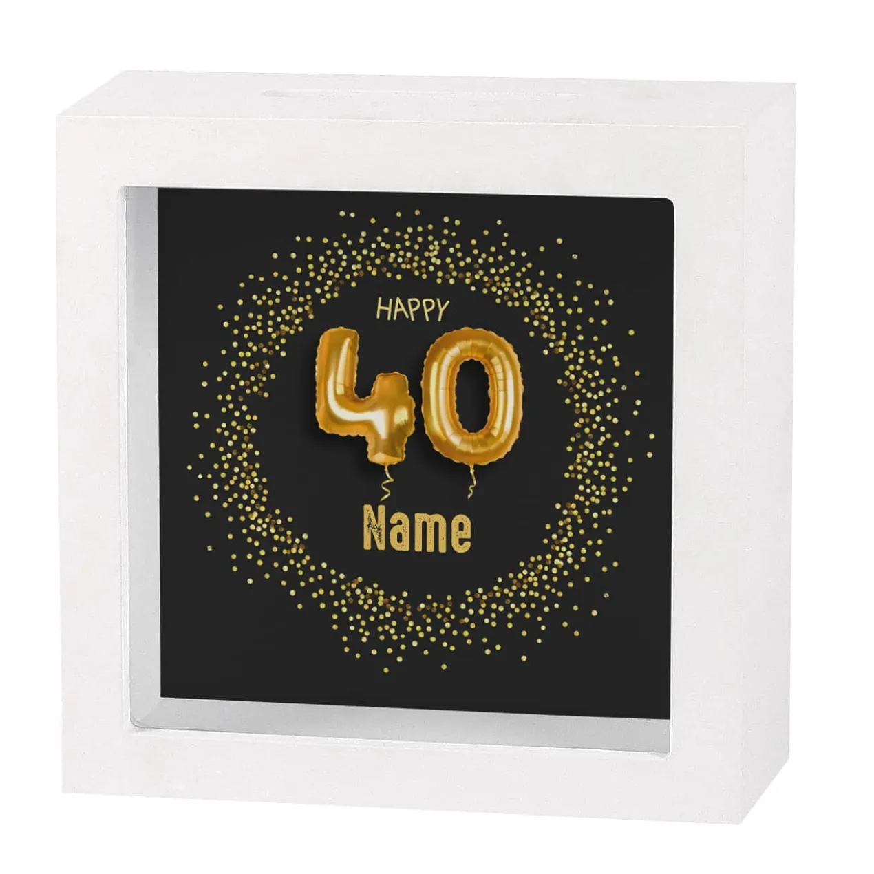 Happy 40 - Bilderrahmenspardose zum 40. Geburtstag mit Name, 15x15cm