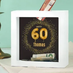 Happy 60 - Bilderrahmen Spardose zum 60. Geburtstag mit Name, 15x15cm