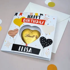 Happy Birthday - Geburtstagskarte mit Lindt-Schokoladenherz und Ihrem Wunschnamen