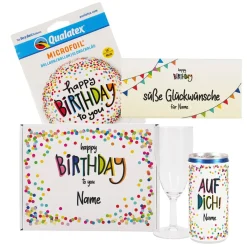 Happy Birthday Geschenkset aus Secco, Glas, Schokolade und Folienballon