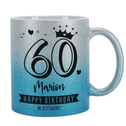 Happy Birthday - Glitzertasse mit Alter, Name & Wunschtext - 3 Farben zur Auswahl