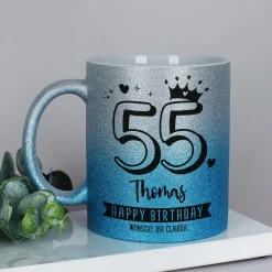 Happy Birthday - Glitzertasse mit Alter, Name & Wunschtext - 3 Farben zur Auswahl