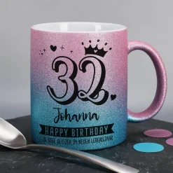 Happy Birthday - Glitzertasse mit Alter, Name & Wunschtext - 3 Farben zur Auswahl