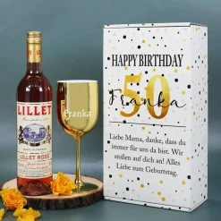 Happy Birthday - Lillet Präsent mit gravierten Weinglas und toller Geschenkverpackung