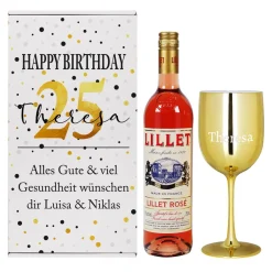 Happy Birthday - Lillet Präsent mit gravierten Weinglas und toller Geschenkverpackung