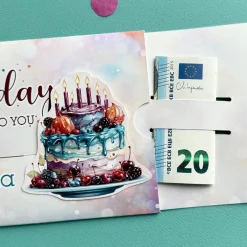 Happy Birthday - Ziehkarte mit Geburtstagstorte für Geldgeschenke