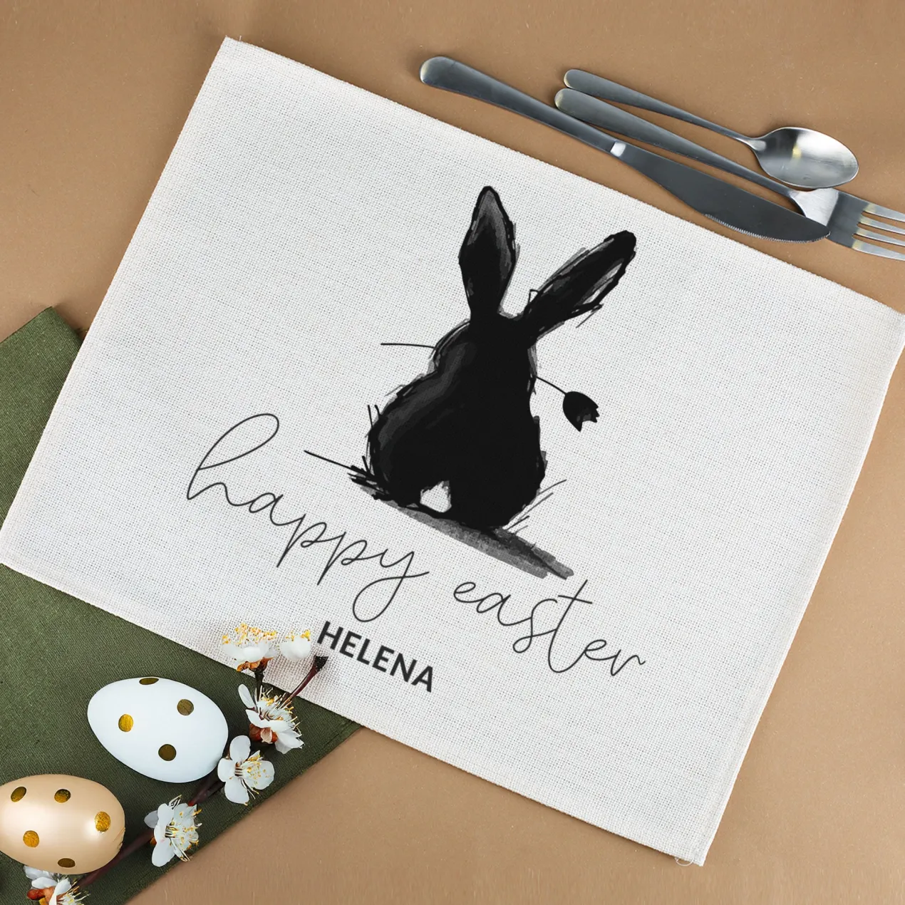 Happy Easter - Textiles Platzdeckchen personalisierbar mit Wunschtext zu Ostern