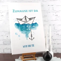 Heimathafen - Leinwand mit Papierschiffchen, Anker und Wunschtext 60x40cm