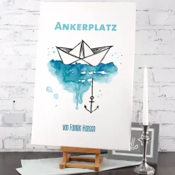 Heimathafen - Leinwand mit Papierschiffchen, Anker und Wunschtext 60x40cm